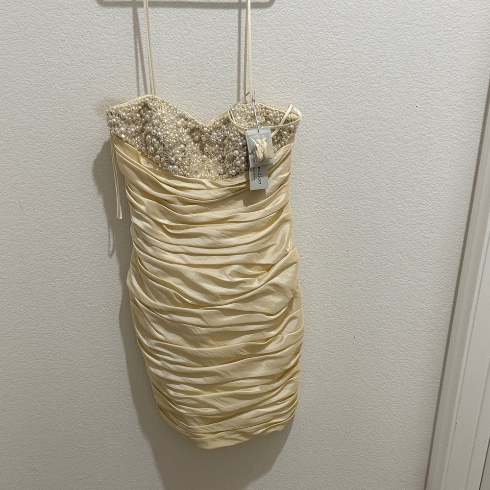 LM collection Beige Ruched Mini Dress